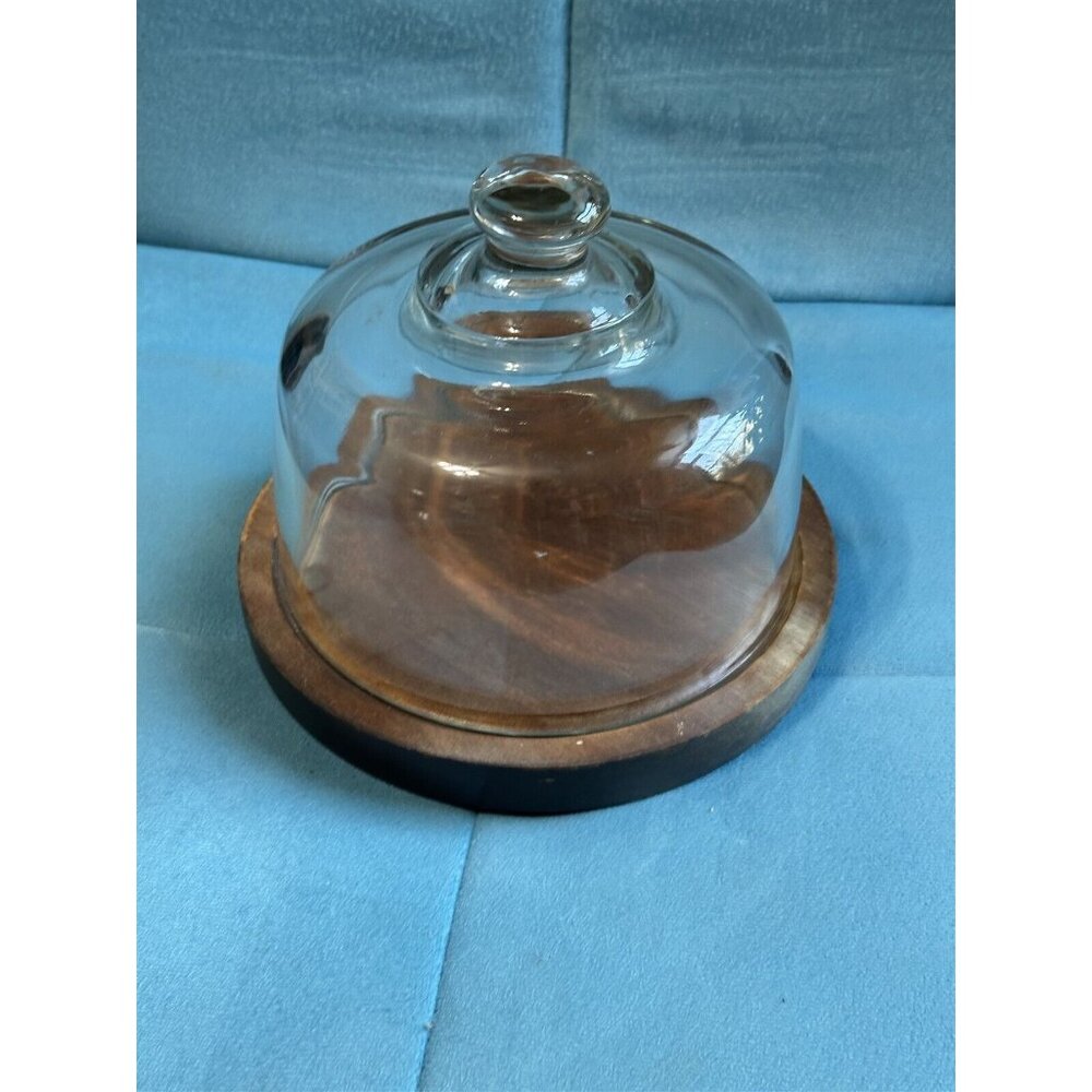 Vintage Wood Cheese Dome Server Board & Heavy Glass Cover